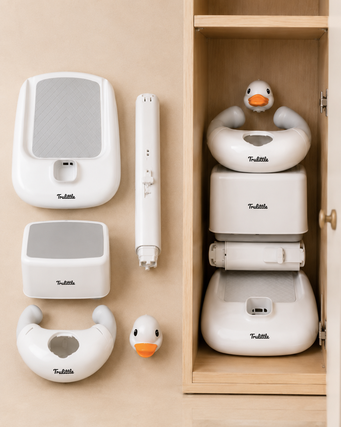 The bath stand folded and stored neatly in a cabinet
